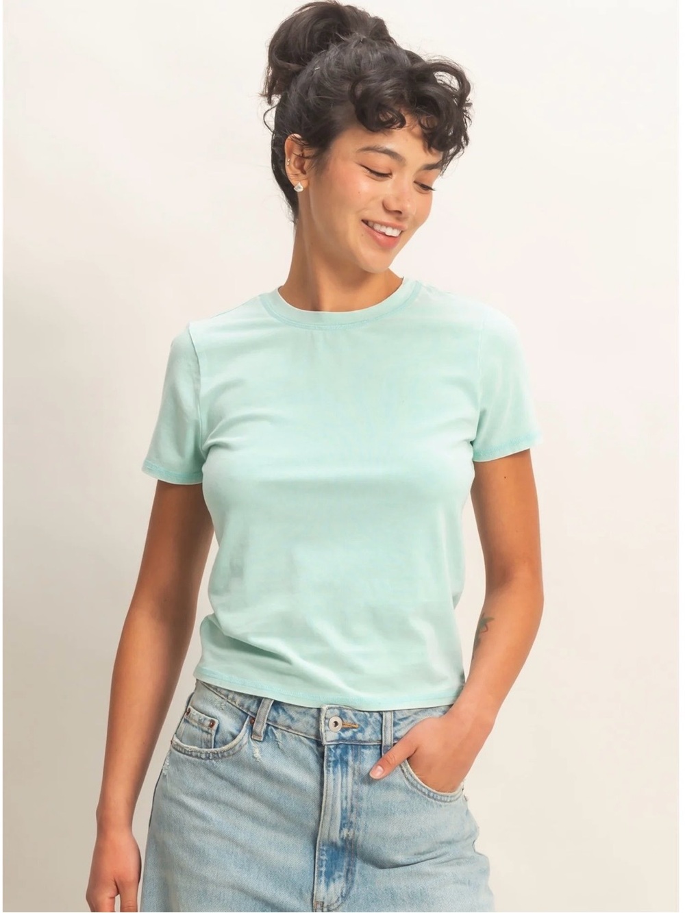 NEW Double Zero Turquoise Mineral Washed Cotton Crewneck Tee – Large